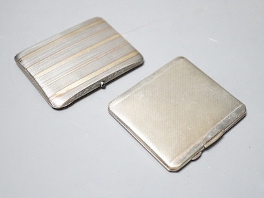 A 1920's silver and two colour yellow metal cigarette case, 92mm, gross 88 grams and a plated cigarette case.